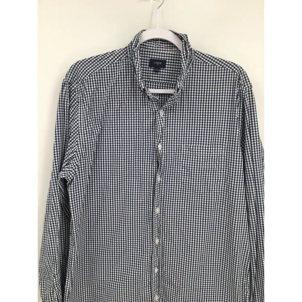 J. Crew Check Pattern Button Front Long Sleeve Shirt Blue Size Large Tall